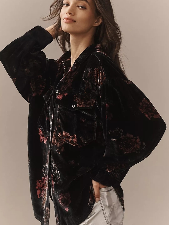 Pilcro Tops - Pilcro Anthropologie Velvet Floral Button-Up Shirt - Black Floral